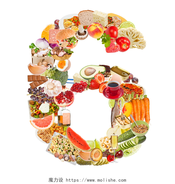 白色背景下由食物组成的卡通数字6数字 6 食物